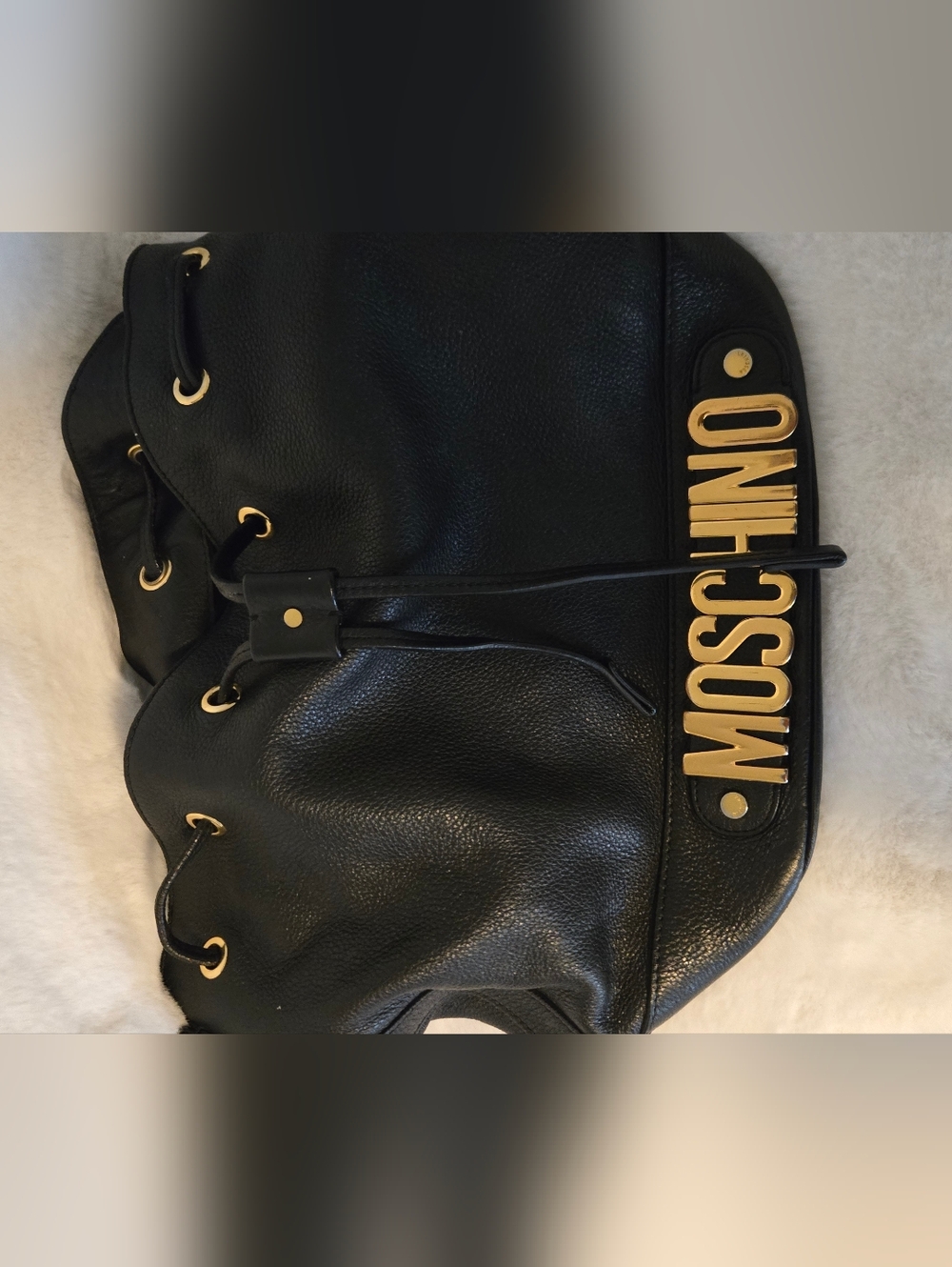 Moschino Vintage Black Leather Hobo with Gold Logo Plaque